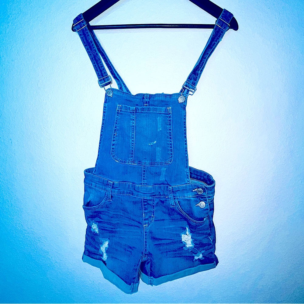 I & M Jeans Pre-washed Shorts Overalls Blue Denim Distressed with stretch Size M